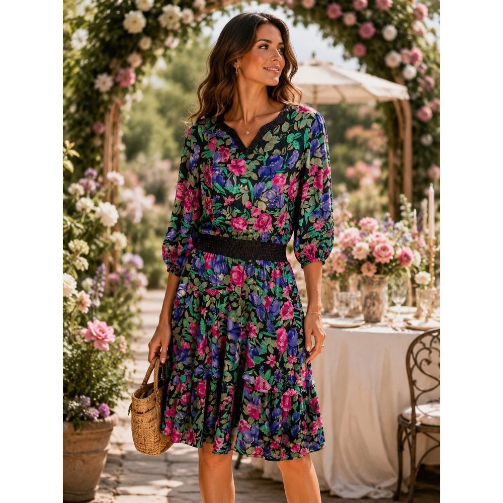 VTG Diane Freis Floral Beaded Ruffles‎ Midi Dress Cottagecore garden party M